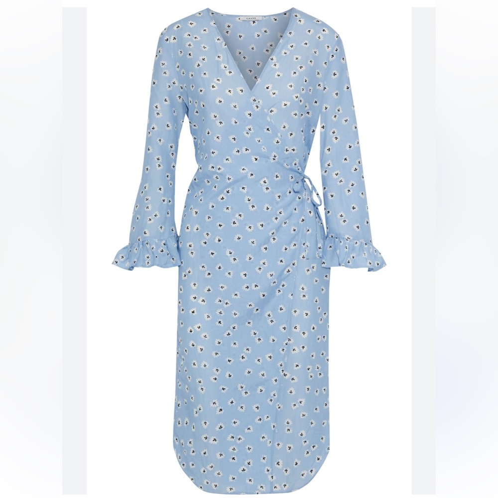 Ganni Beacon Floral Cotton Silk Blend Poplin Wrap Dress Sky Blue Medium Midi